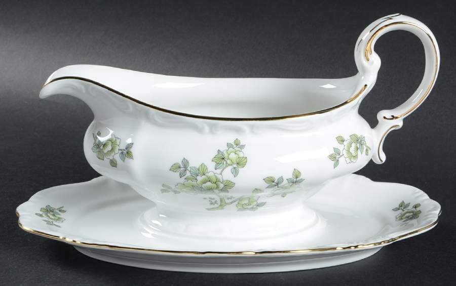 Indian Tree Gold Trim Gravy Boat with Attached Underplate by Johann Haviland-1