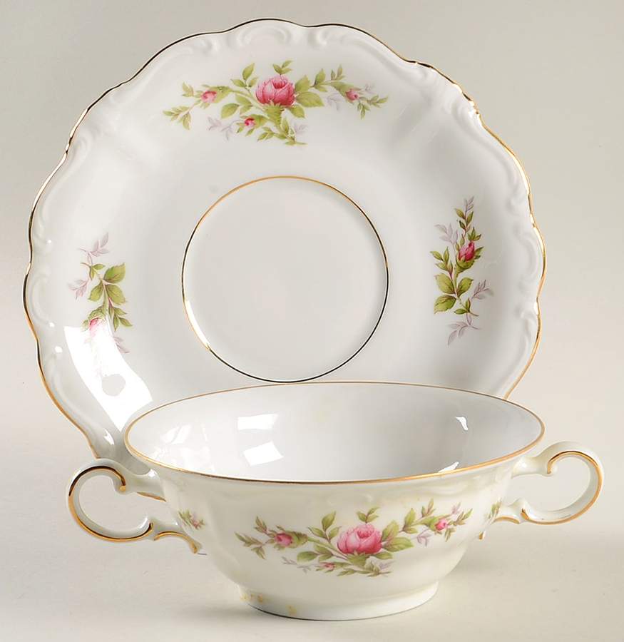 Moss Rose (Bavarian Backstamp) Flat Cream Soup Bowl & Saucer Set by Johann Haviland-1