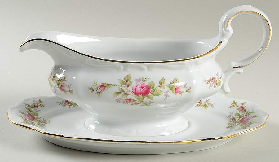 Moss Rose (Bavarian Backstamp) Gravy Boat with Attached Underplate by Johann Haviland-1