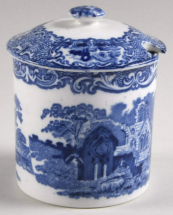 Abbey (Transferware, Scalloped) Jam/Jelly & Lid by George Jones & Sons-1