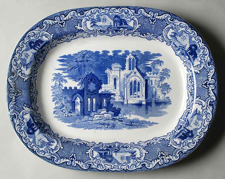Abbey (Transferware, Scalloped) 16" Oval Serving Platter by George Jones & Sons-1