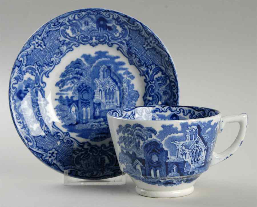 Abbey (Transferware, Scalloped) Flat Cup & Saucer Set by George Jones & Sons-1