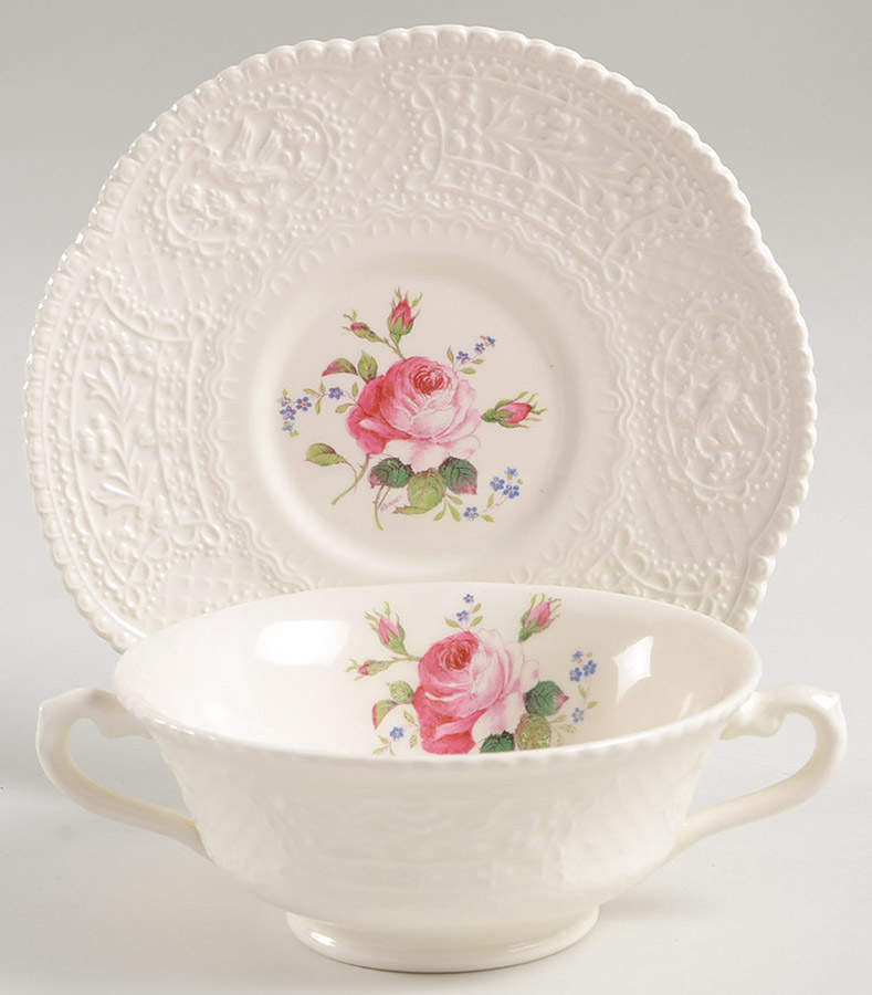 Birbeck Rose Pink Footed Cream Soup Bowl & Saucer Set by George Jones & Sons-1