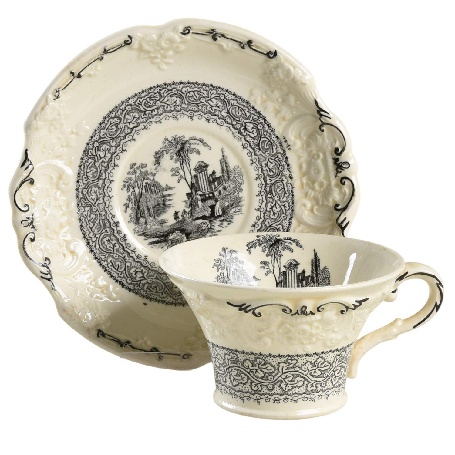 Genoa Black and White Flat Cup & Saucer Set by George Jones & Sons-1