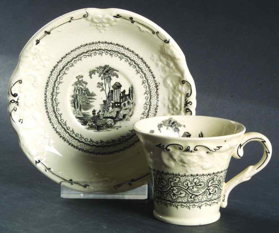 Genoa Black and White Footed Demitasse Cup & Saucer Set by George Jones & Sons-1