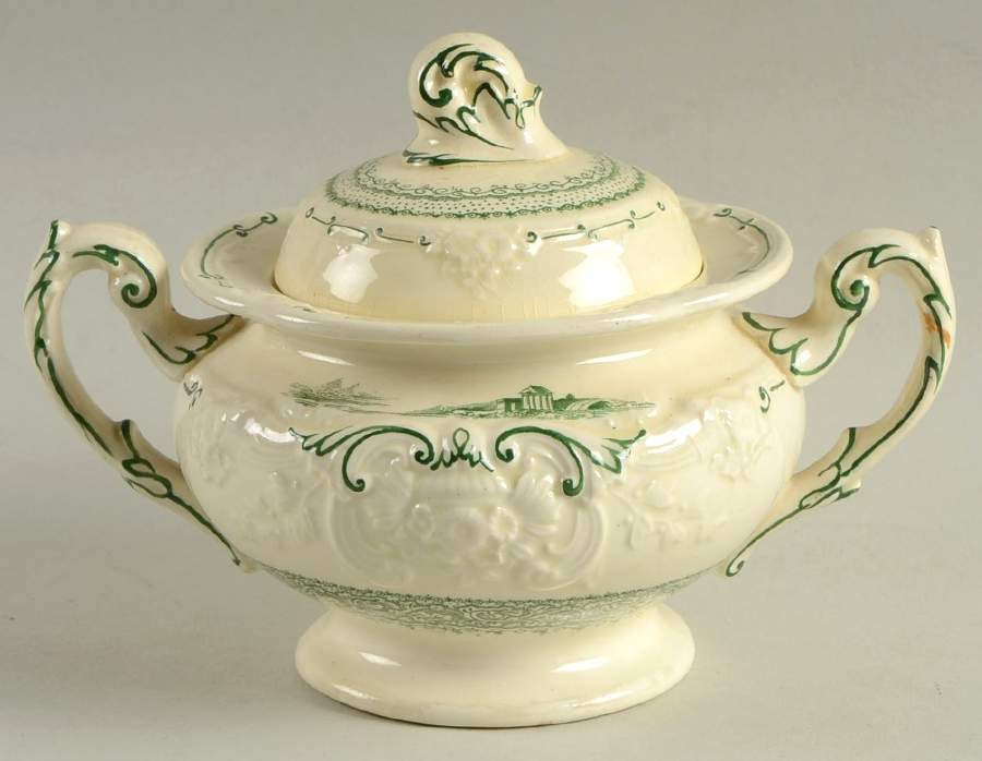 Genoa Green Sugar Bowl & Lid by George Jones & Sons-1