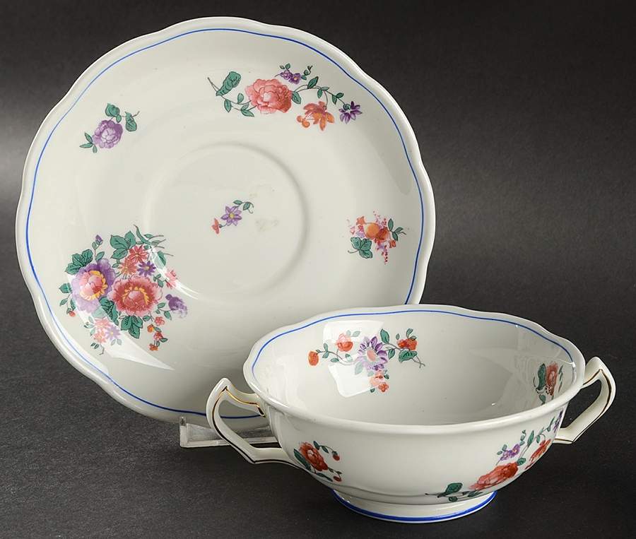 Olde English (Scalloped) Footed Cream Soup Bowl & Saucer Set by George Jones & Sons-1