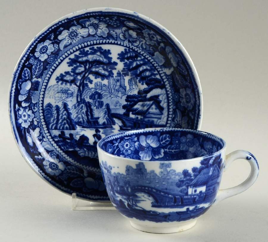 Wild Rose (Flow Blue) Flat Cup & Saucer Set by George Jones & Sons-1