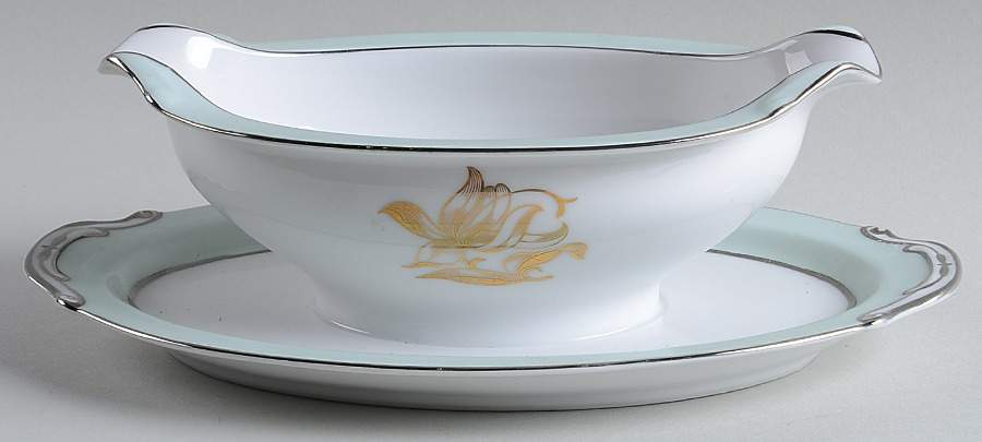 775 (Mint Green Border) Gravy Boat with Attached Underplate by Jyoto-1
