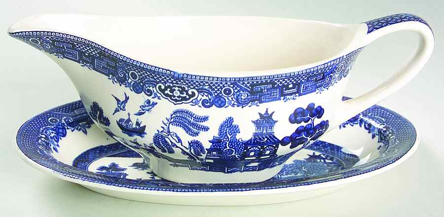 Willow Blue (Black & Blue Backstamps, Older) Gravy Boat & Underplate/Relish by Johnson Brothers-1
