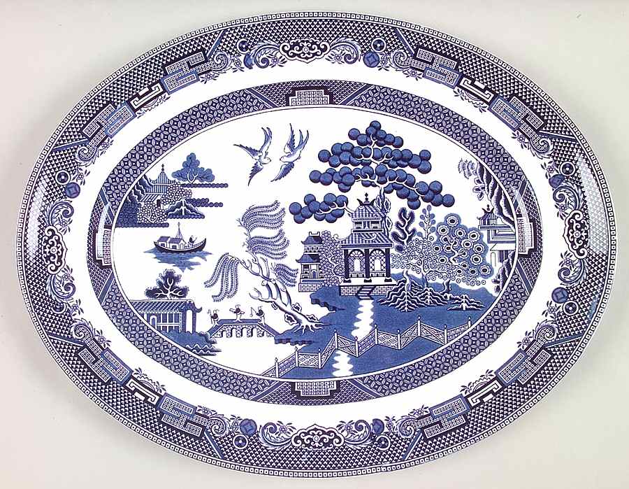 Willow Blue (Black & Blue Backstamps, Older) 15" Oval Serving Platter by Johnson Brothers-1