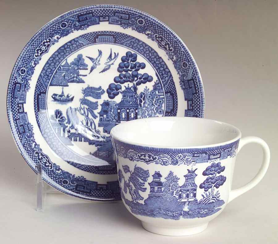 Willow Blue (Black & Blue Backstamps, Older) Flat Cup & Saucer Set by Johnson Brothers-1