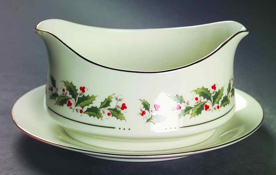 Holly Yuletide Gravy Boat with Attached Underplate by Japan-1