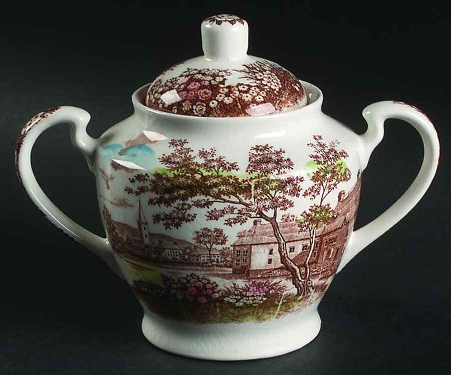 English Village (Brown Multicolor) Sugar Bowl & Lid by Japan-1