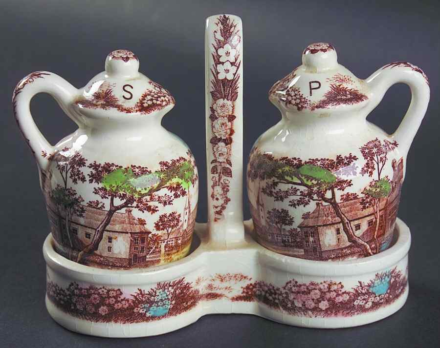 English Village (Brown Multicolor) (3 Pc) Salt & Pepper Tray Set by Japan-1