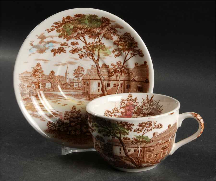 English Village (Brown Multicolor) Flat Cup & Saucer Set by Japan-1