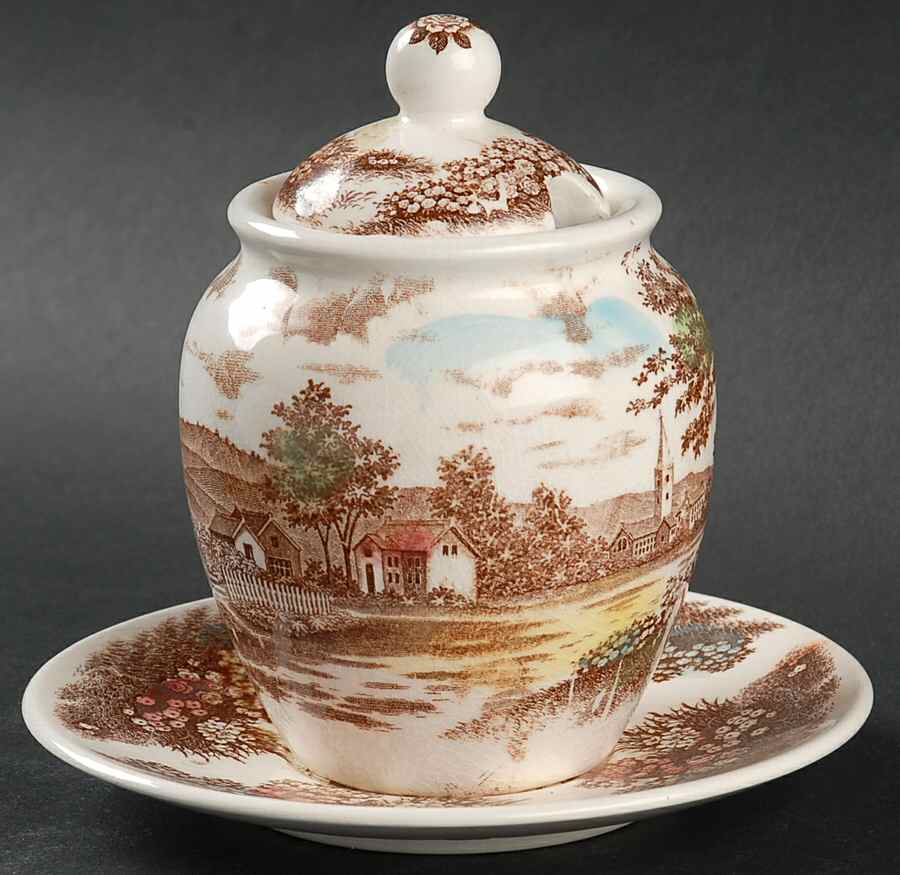 English Village (Brown Multicolor) Jam/Jelly & Lid w/Attached Underplate by Japan-1