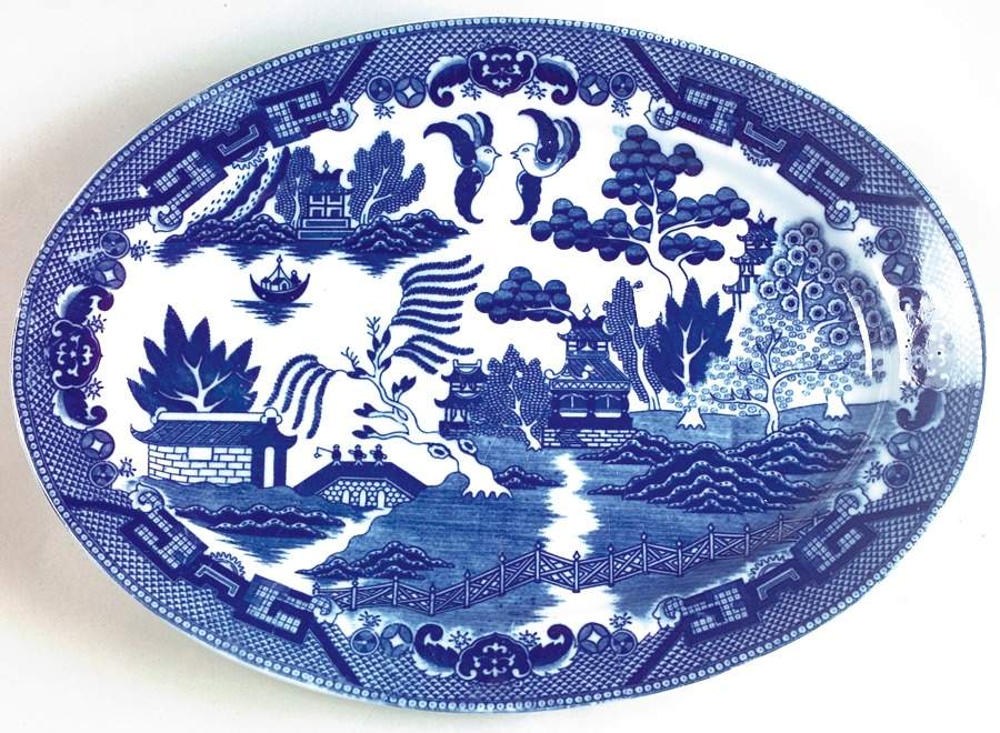 Blue Willow Flow Blue 12" Oval Serving Platter by Japan-1