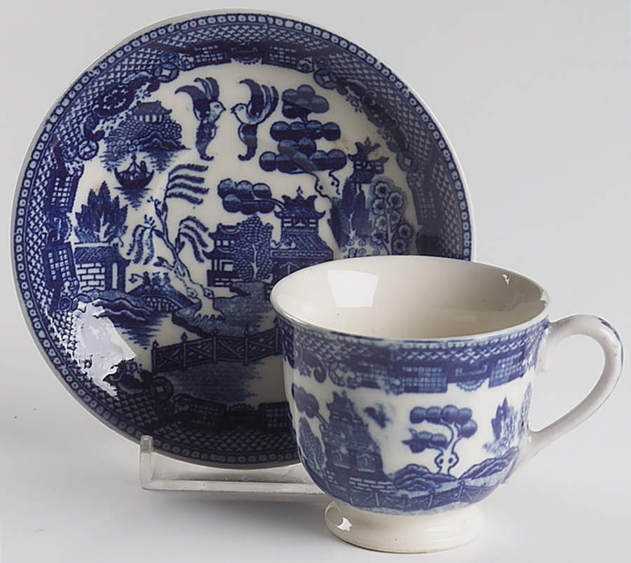 Blue Willow Flow Blue Footed Demitasse Cup & Saucer Set by Japan-1