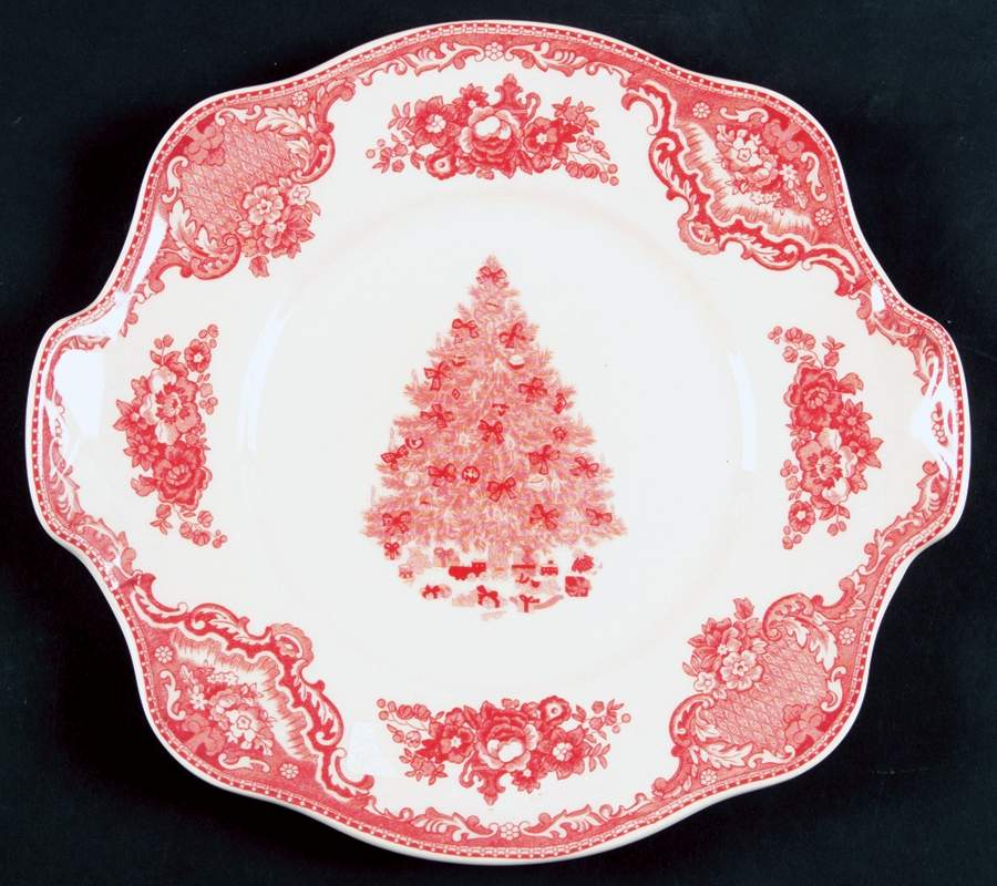 Old Britain Castles Pink Christmas(Made in England Handled Cake Plate by Johnson Brothers-1