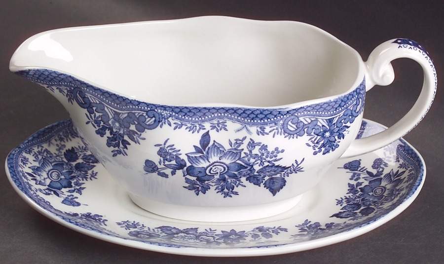Asiatic Pheasant Blue Gravy Boat & Underplate/Relish by Johnson Brothers-1