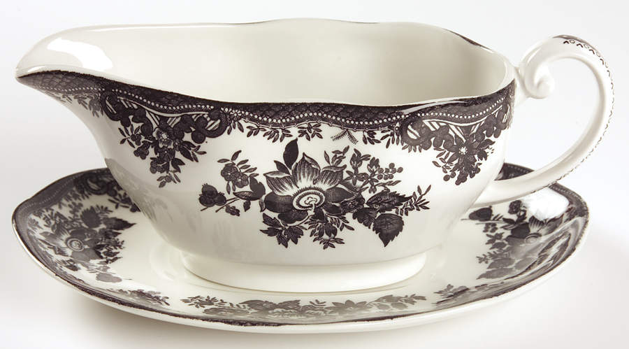 Asiatic Pheasant Black Gravy Boat & Underplate/Relish by Johnson Brothers-1