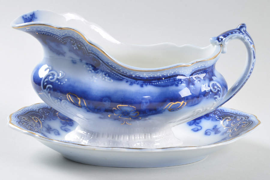 Oregon (Flow Blue) Gravy Boat & Underplate/Relish by Johnson Brothers-1