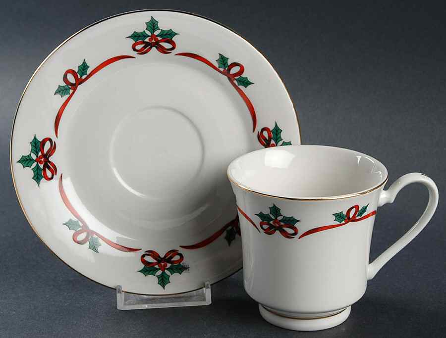 Ribbon & Holly Footed Cup & Saucer Set by Jamestown-1