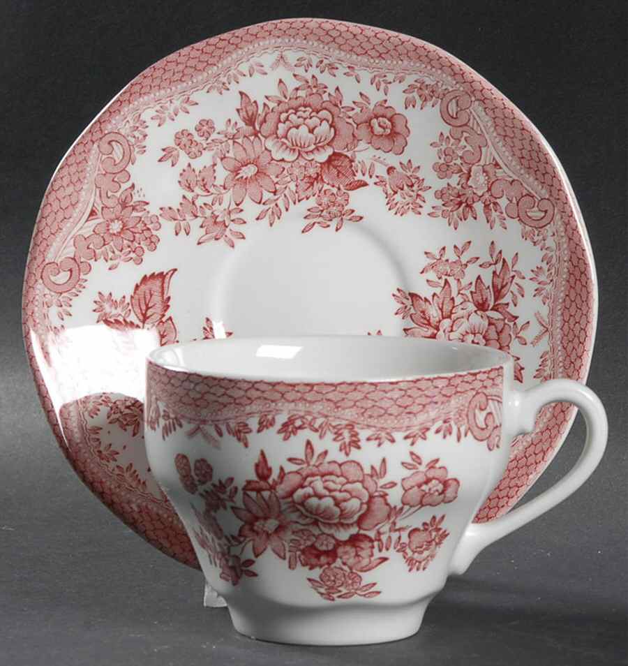 Asiatic Pheasant Pink Flat Cup & Saucer Set by Johnson Brothers-1