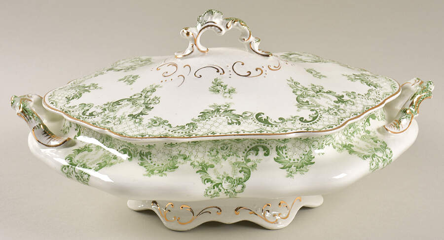 Cloverly Green (Gold Accent, Gold Trim) Oval Covered Vegetable by Johnson Brothers-1