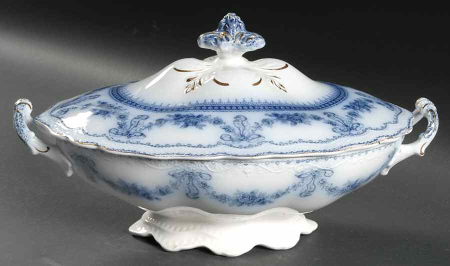 Glenwood (Flow Blue, Gold Trim) Oval Covered Vegetable by Johnson Brothers-1