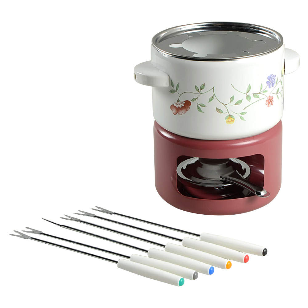 Summer Chintz ("England 1883" Stamp) (10 Pc) Metal Fondue(Pot, 6forks,Stand,Burner,Lid) by Johnson Brothers-1