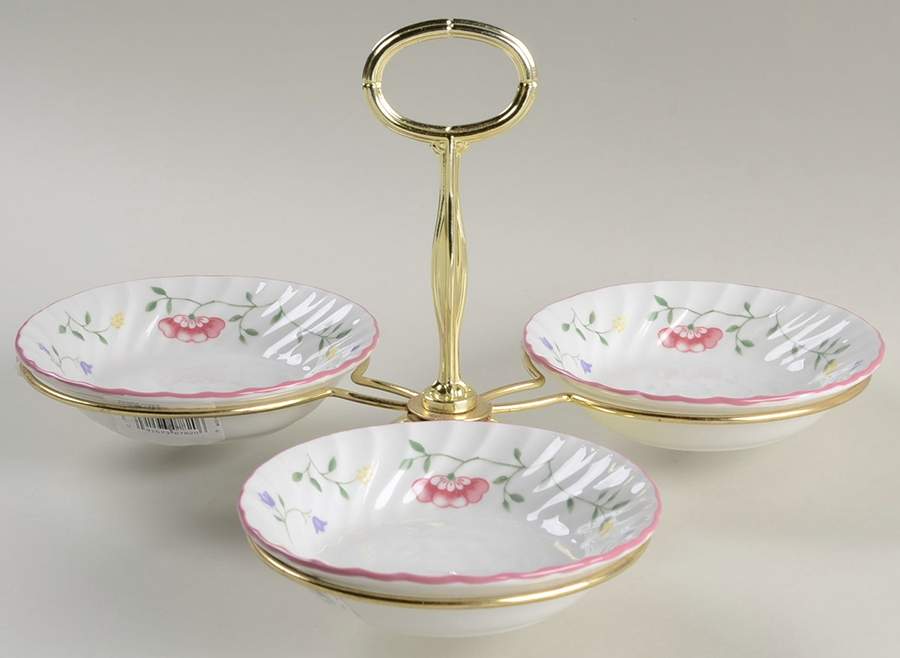 Summer Chintz ("England 1883" Stamp) 7" x 12" 3-Part Relish & Metal Stand (FR) HC by Johnson Brothers-1