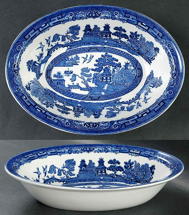 Willow Blue ("England 1883" Backstamp, China) 9" Oval Vegetable Bowl by Johnson Brothers-1