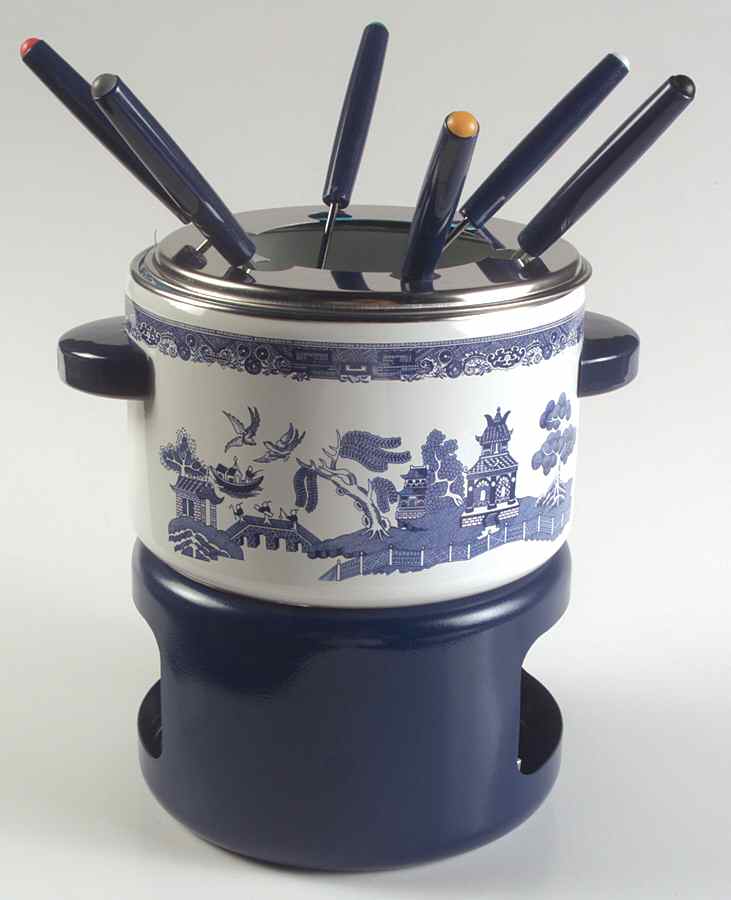 Willow Blue ("England 1883" Backstamp, China) 9 Pc Fondue Set (Open Pot,6 Forks, Stand & Burner) by Johnson Brothers-1