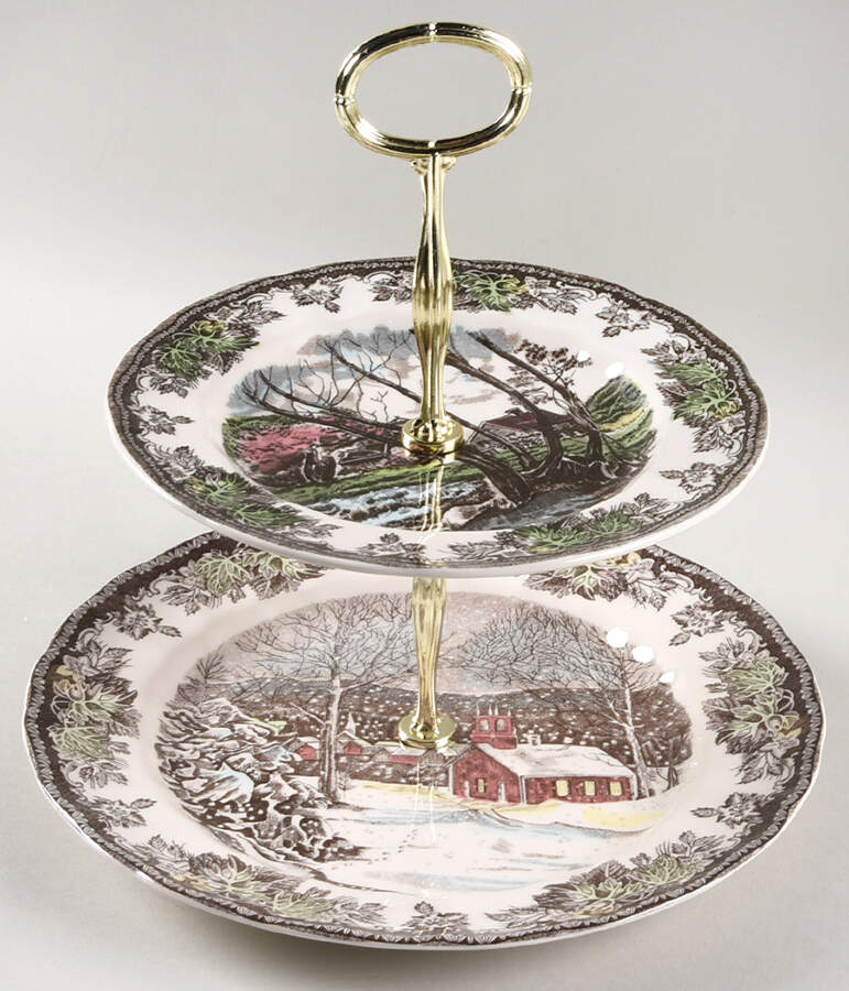 The Friendly Village ("England 1883" Backstamp) 6 5/8"-10"  2 Tiered Serving Tray (Dp, Sp) HC by Johnson Brothers-1