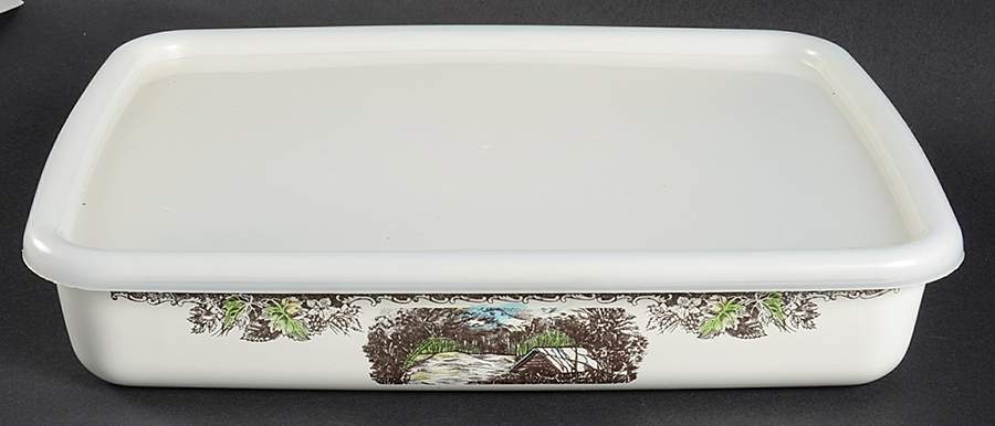 The Friendly Village ("England 1883" Backstamp) 2 Quart Metal Rectangular Baker with Plastic Lid by Johnson Brothers-1