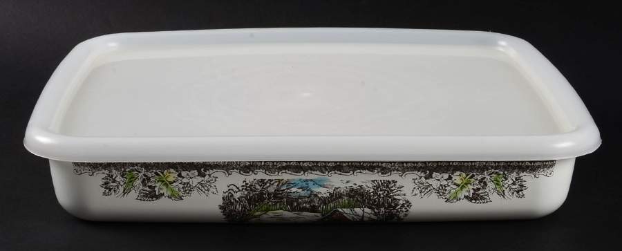 The Friendly Village ("England 1883" Backstamp) 10" Rectangular Metal Baker W/Plastic Lid by Johnson Brothers-1