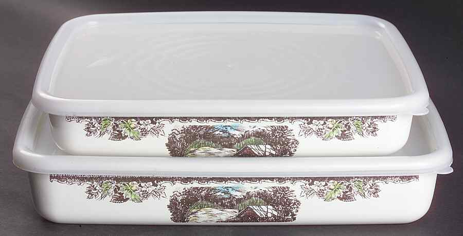 The Friendly Village ("England 1883" Backstamp) Rectangular Metal Baker with Plastic Lid - Set of 2 by Johnson Brothers-1