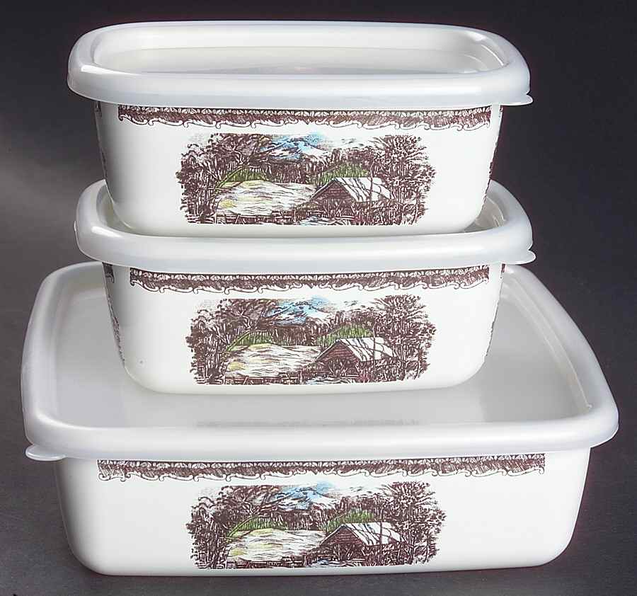 The Friendly Village ("England 1883" Backstamp) Metal Baker with Plastic Lid - Set of 3 by Johnson Brothers-1