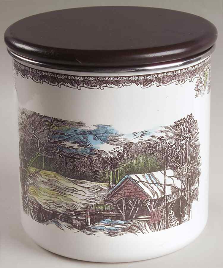The Friendly Village ("England 1883" Backstamp) Large Metal Canister & Wood Lid by Johnson Brothers-1