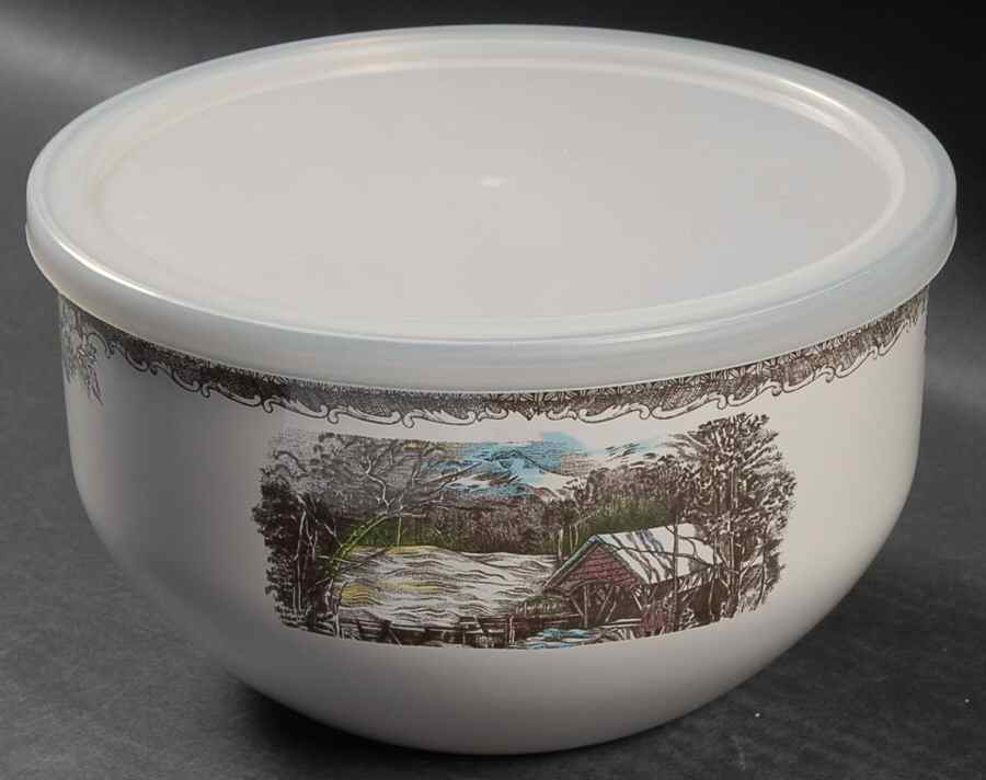 The Friendly Village ("England 1883" Backstamp) 7 3/4" Metal Bowl W/Plastic Lid by Johnson Brothers-1