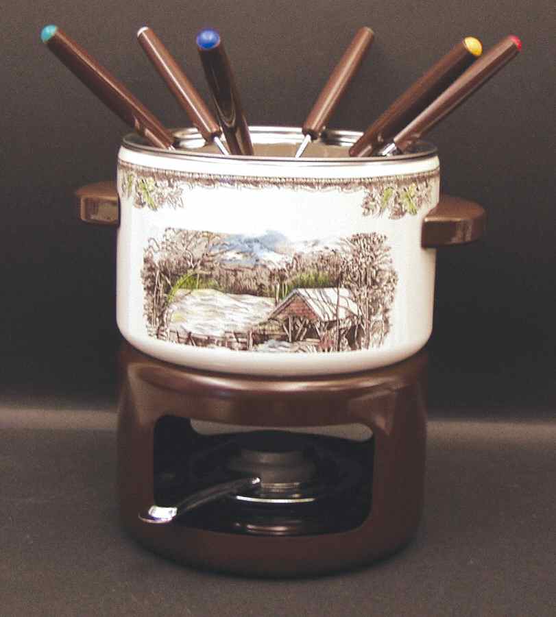 The Friendly Village ("England 1883" Backstamp) (10 Pc) Metal Fondue(Pot, 6forks,Stand,Burner,Lid) by Johnson Brothers-1