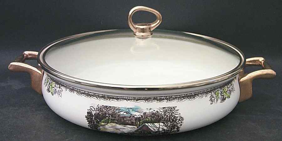 The Friendly Village ("England 1883" Backstamp) 2.5 Qt Metal 2 Handled Server & Lid by Johnson Brothers-1