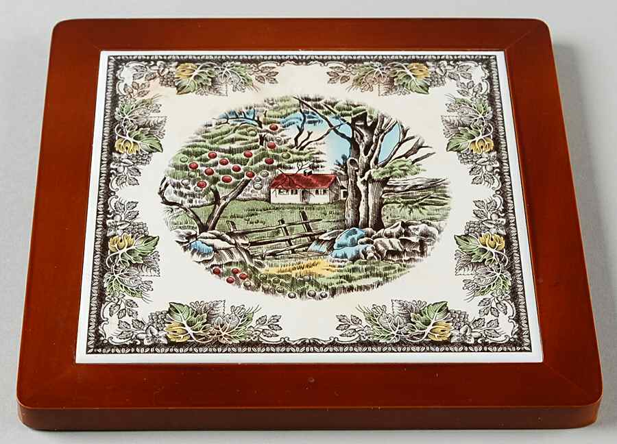 The Friendly Village ("England 1883" Backstamp) Wood Frame Trivet by Johnson Brothers-1