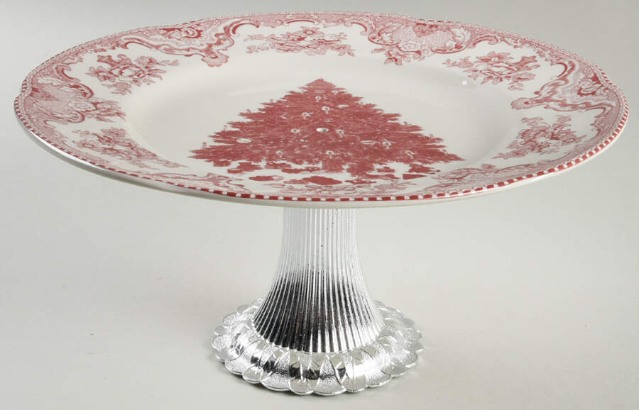 Old Britain Castles Pink Christmas (England 1883) Cake Stand with 4"-5" Metal Pedestal  Hc by Johnson Brothers-1