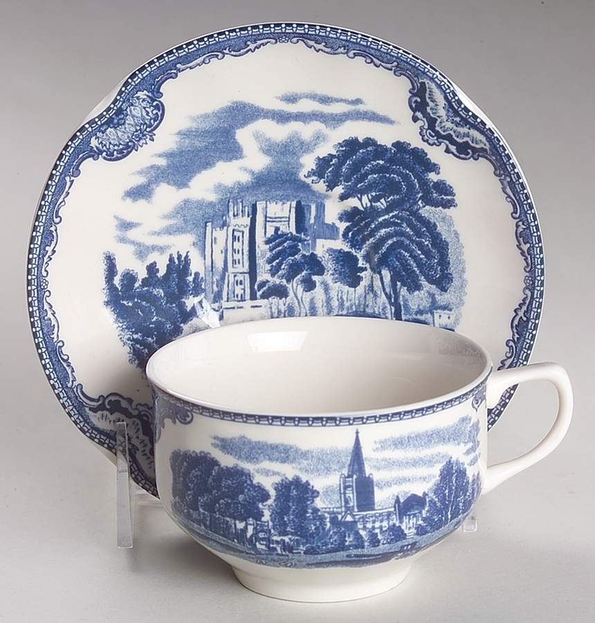 Old Britain Castles Blue (England 1883 Stamp) Flat Cup & Saucer Set by Johnson Brothers-1