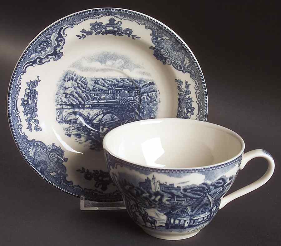 Old Britain Castles Blue (England 1883 Stamp) Jumbo Cup & Saucer Set by Johnson Brothers-1