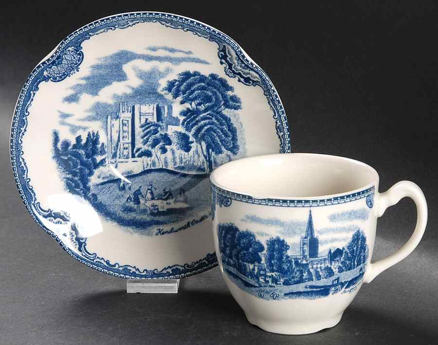Old Britain Castles Blue (England 1883 Stamp) Flat Cup & Saucer Set by Johnson Brothers-1