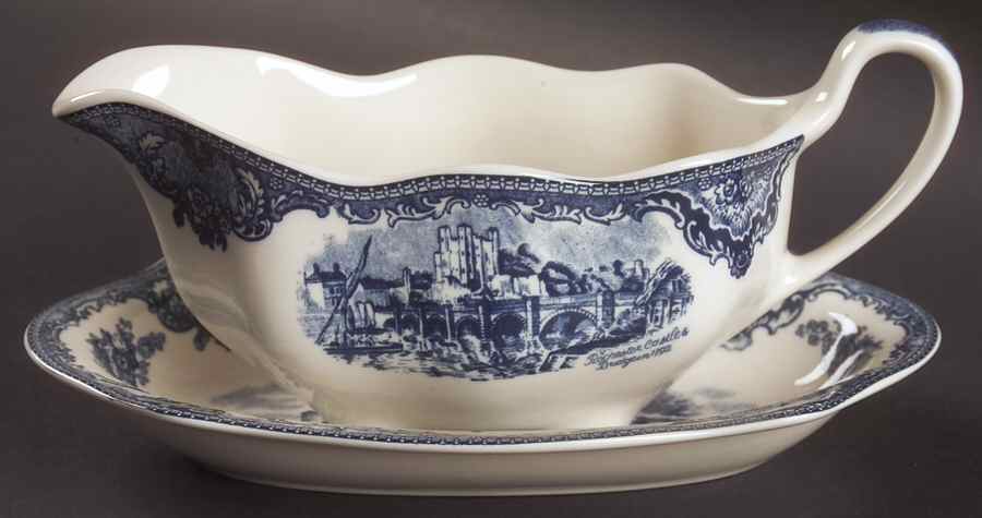 Old Britain Castles Blue (England 1883 Stamp) Gravy Boat & Underplate/Relish by Johnson Brothers-1